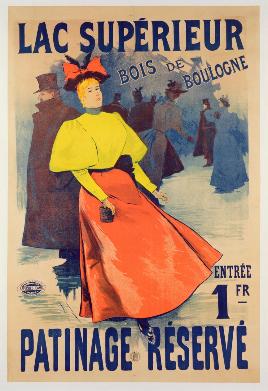 Plakat, das eine Eislaufbahn am Lac supérieur im Bois de Boulogne bewirbt von French School