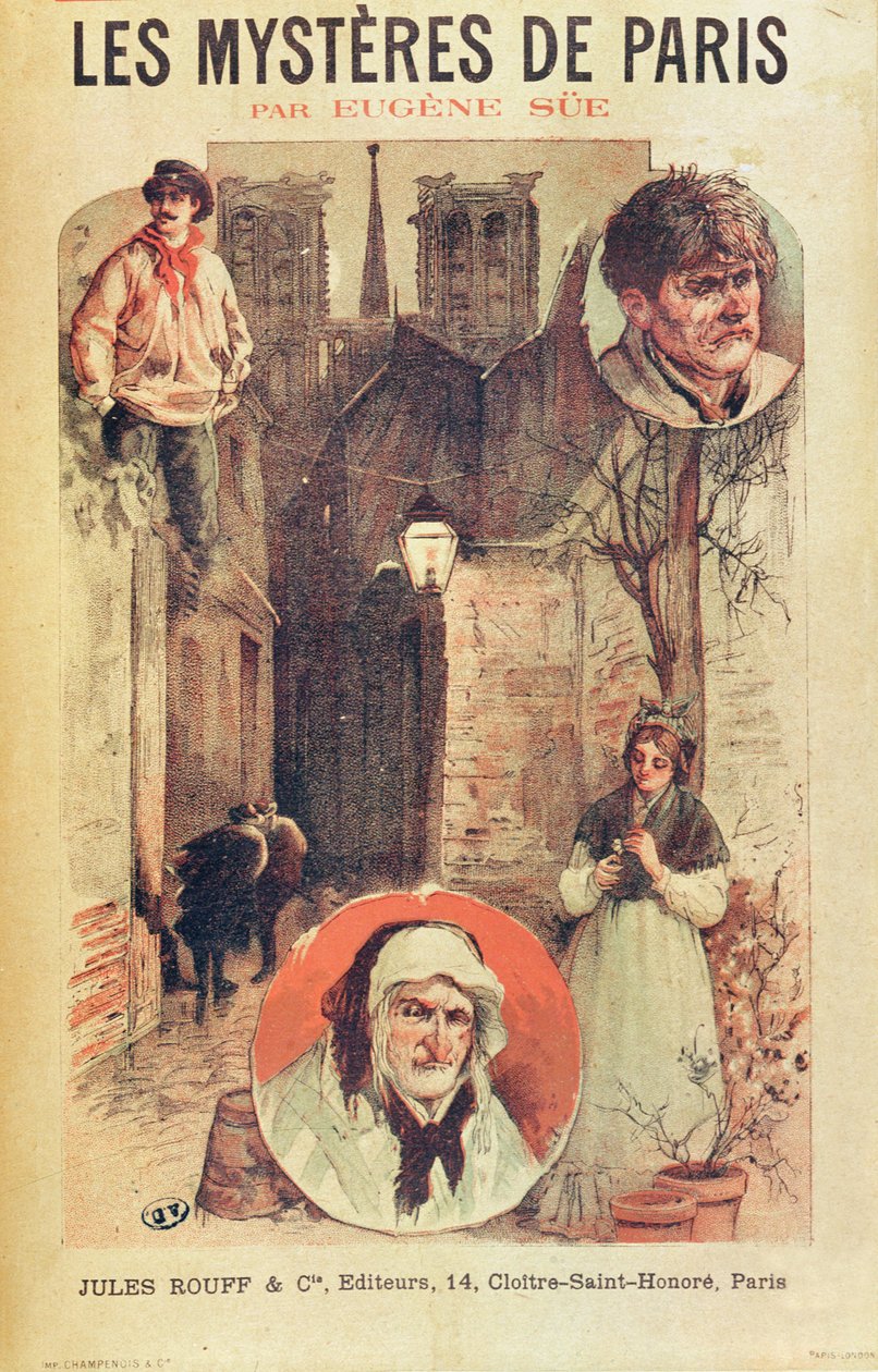 Plakat, das les Mysteres de Paris von Eugene Sue (1804-57) bewirbt, veröffentlicht in Fortsetzungen von Editions Jules Rouff, späte 19. Jahrhundert von French School