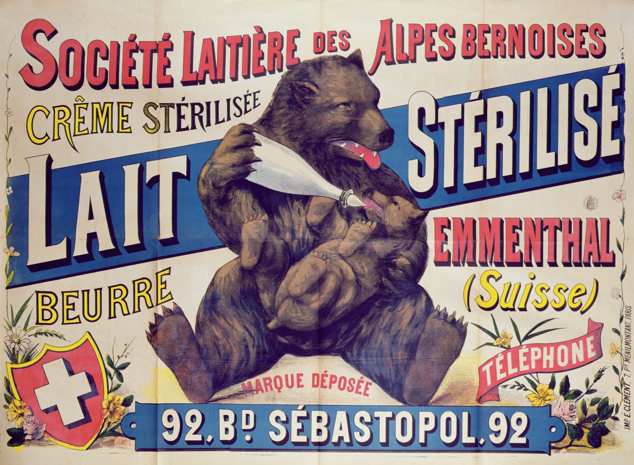 Plakat zur Werbung für sterilisierte Milch, Butter und Emmentaler Käse von der Societe Laitiere des Alpes Bernoises, 1895-1900 von French School