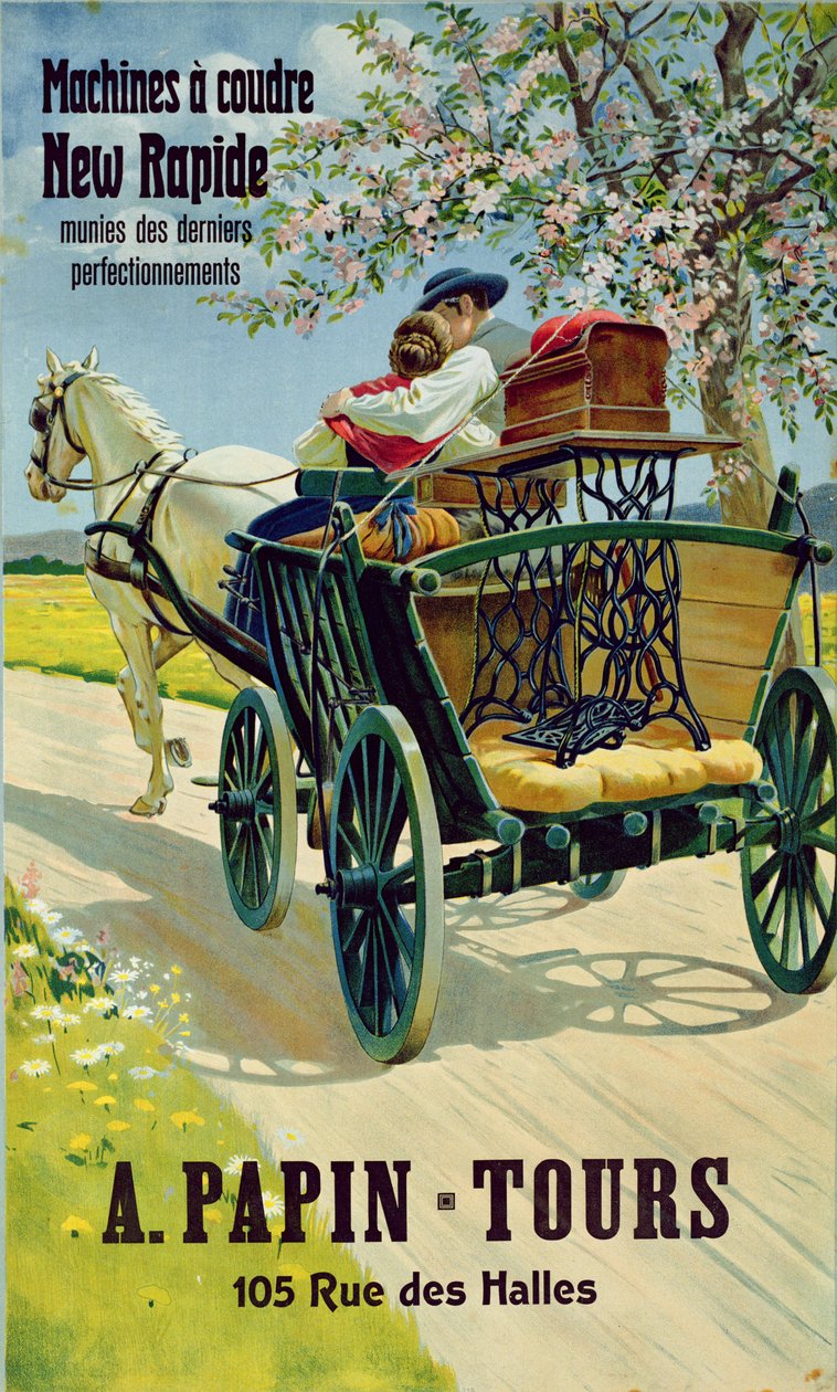Plakat für die New Rapide Nähmaschinen, A. Papin Tours, 10 rue des Halles von French School