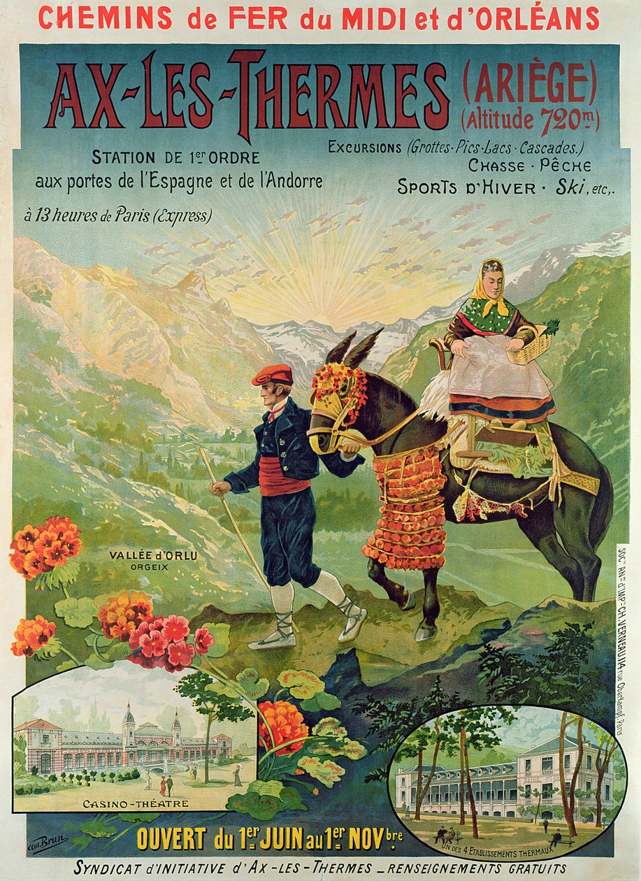 Plakat für das Skigebiet Ax-Les-Thermes, Frankreich, ca. 1900 von French School