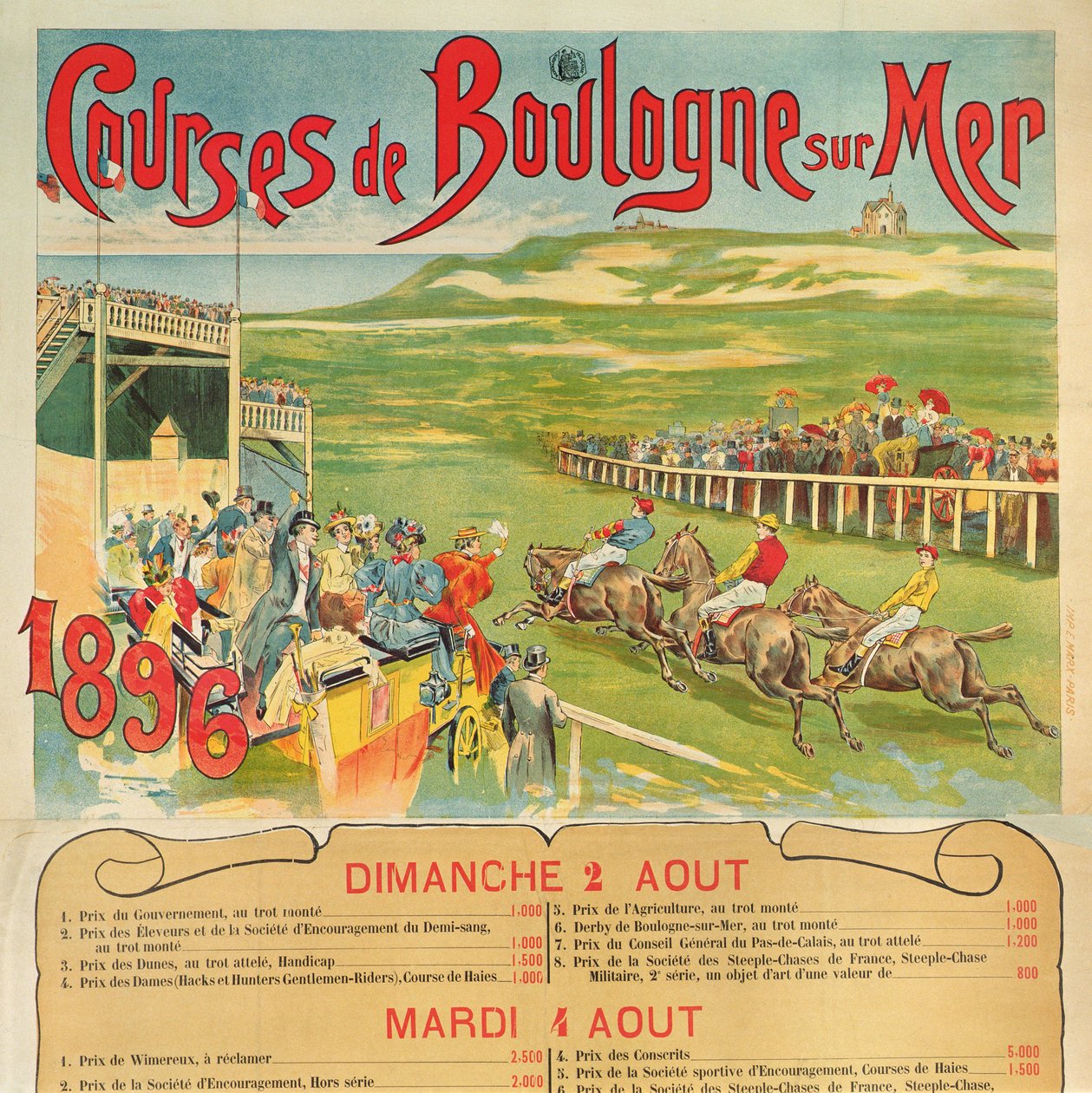 Plakat für Pferderennen in Boulogne-sur-Mer, 1896 von French School