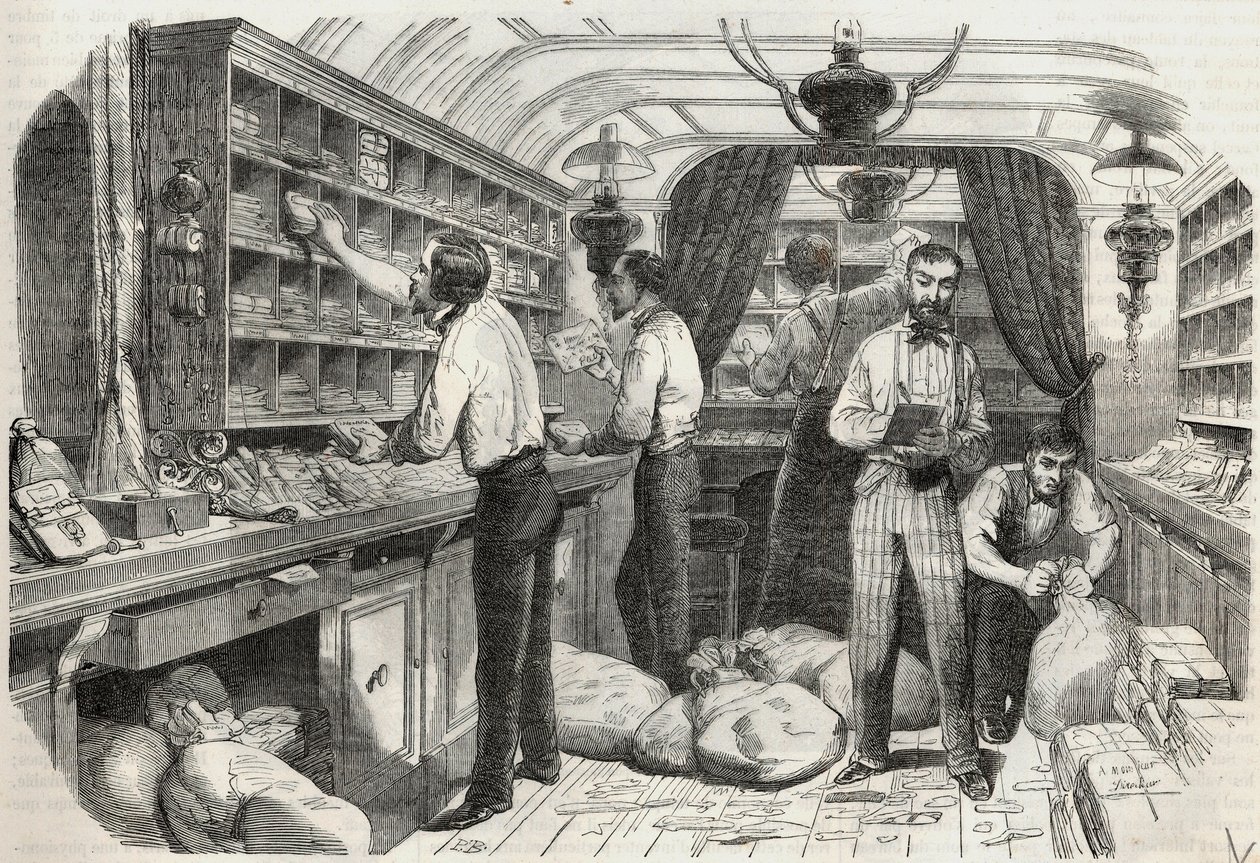 Post: Innenraum des fahrenden Büros - Gravur in „Tableau-de-Paris“ von Edmond Texier 1852 von French School