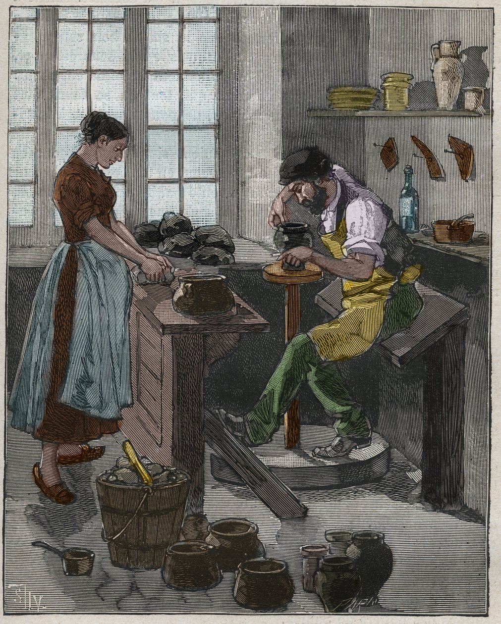 Töpferei: Töpfer, der eine Vase auf der Drehscheibe formt. Frankreich. von French School