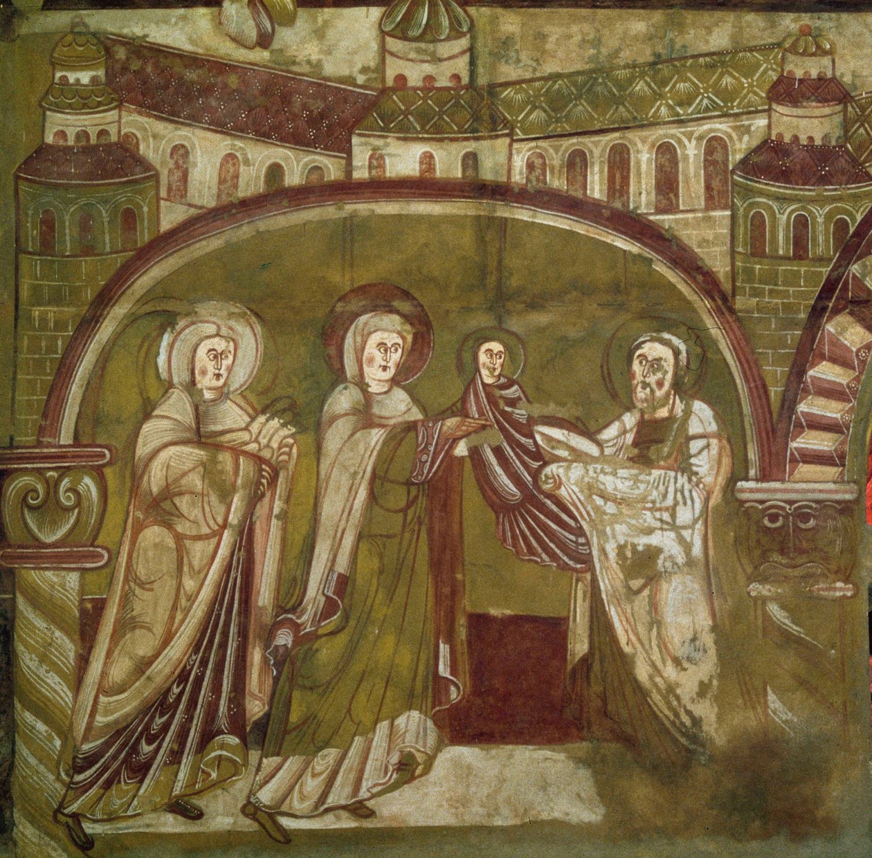 Darstellung von Jesus im Tempel. Fresko der Kirche von Vic sur Cere (Cantal). 12. Jahrhundert. Paris, Museum der Denkmäler von French School