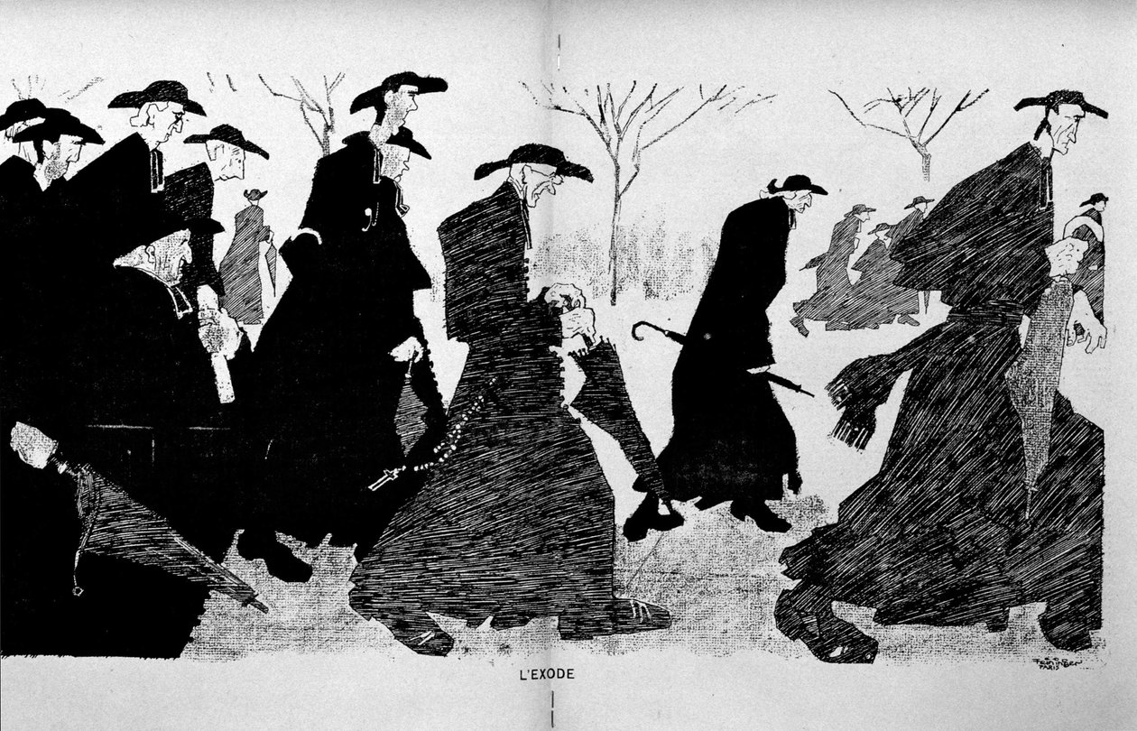 Priester in Säulen fliehen (Trennung von Kirche und Staat) - in "The Witness" vom 29/12/1906 von French School