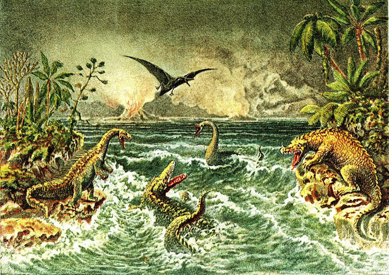 Ursprüngliche Welt (mit Dinosauriern) - Sekundärperiode der Vorgeschichte von French School