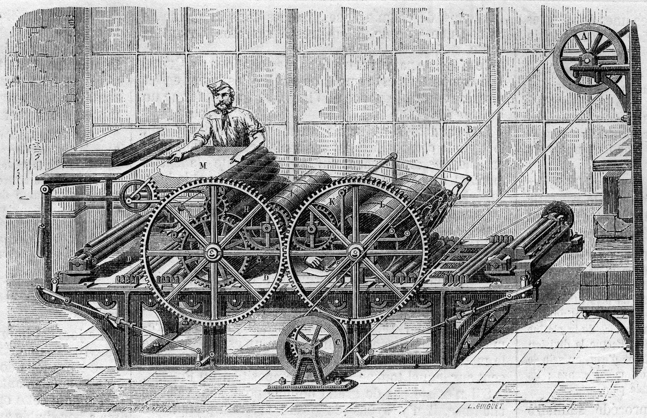Druck einer Zeitung: mechanische Presse zum Drucken von Drucken von French School