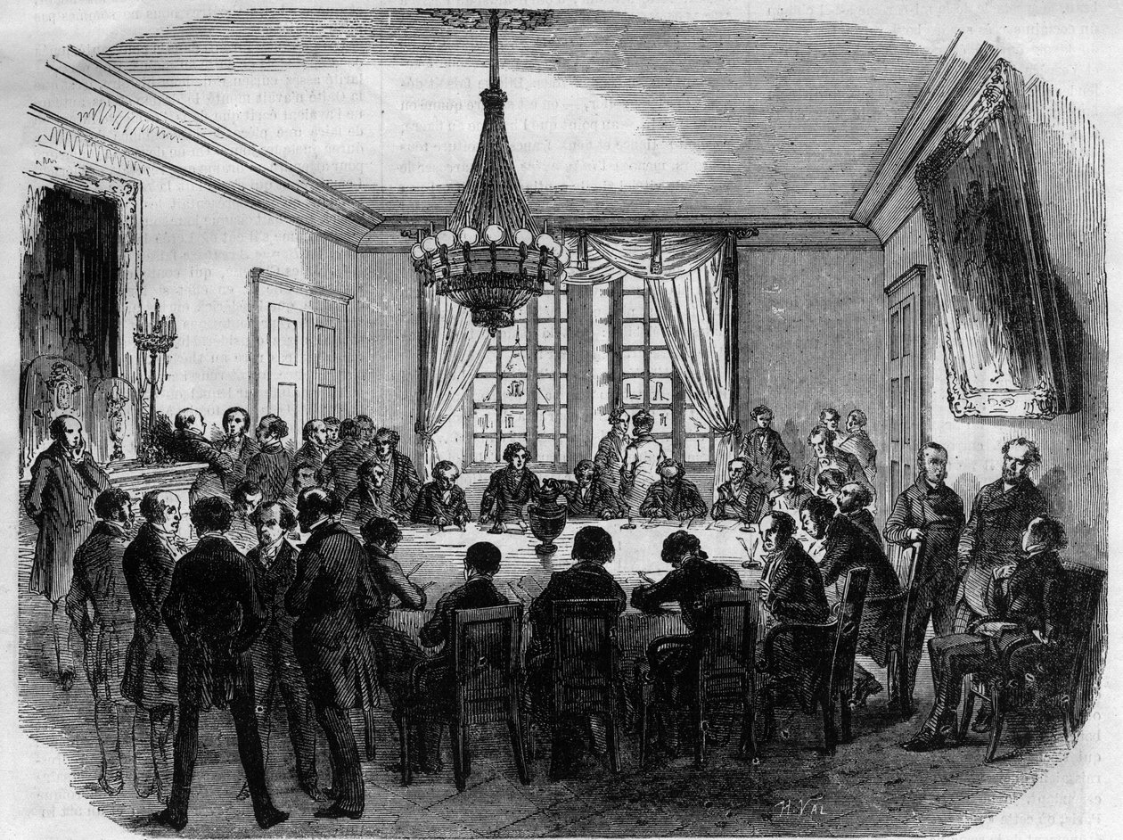Prozess von Prinz Pierre (Pierre-Napoleon) Bonaparte (1815-1881) - die Jury des Obersten Gerichtshofs bereitet ihr Urteil im Beratungsraum vor - Gravur von 1870 von French School