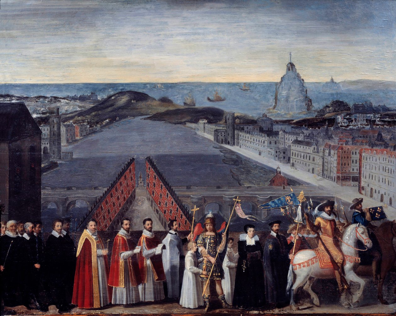 Prozession der Pariser Pilger von Saint Michel du Mont auf der Pont Neuf. Anonymes Gemälde. 17. Jahrhundert. Dim. 0,80 x 1,05 m. Paris, Musée Carnavalet von French School