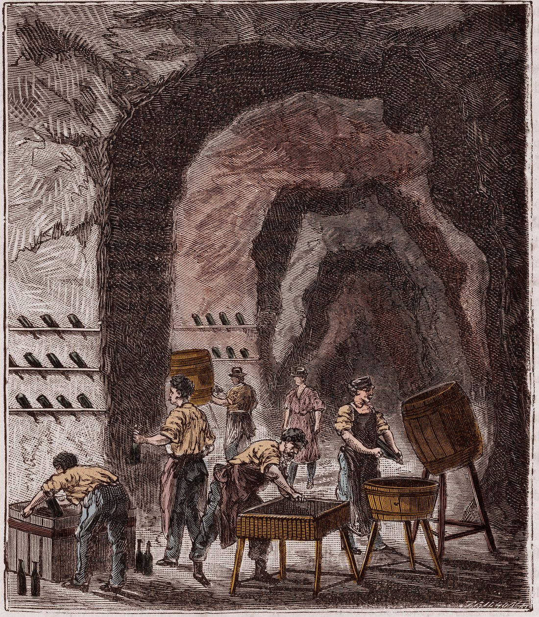Herstellung von Champagner - Gravur in „Wissenschaften für jedermann - Physik und Chemie“ von Alexis Clerc - Ende des 19. Jahrhunderts - Private Sammlung von French School