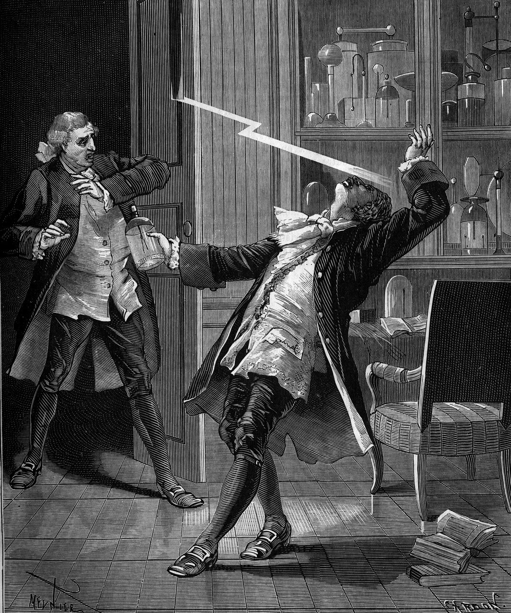 Professor Georges Guillaume Richmann (1711-1753) starb in seiner Werkstatt bei einem Experiment mit einem Elektrometer von French School