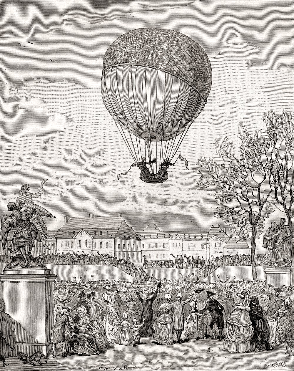 Professor Jacques Charles und Nicolas-Louis Robert fliegen den ersten bemannten Wasserstoffballon der Welt am 1. Dezember 1783 in den Tuilleriengärten, Paris, aus 