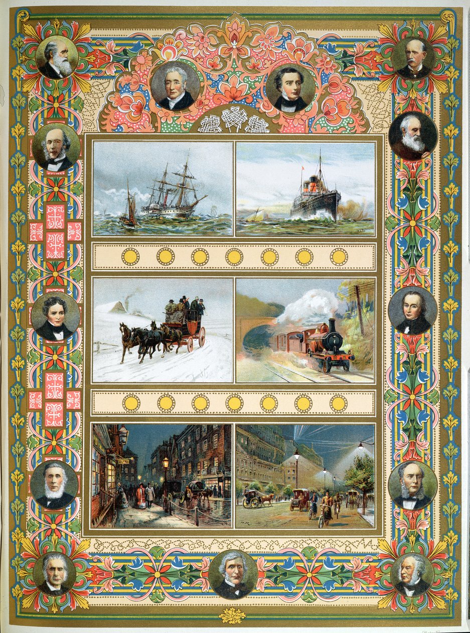 Fortschritt während der Regierungszeit von Königin Victoria (1819-1901). Segelschiffe, Dampfschiffe, Dampflokomotive und Gas- und elektrische Straßenbeleuchtung, 1887 von French School