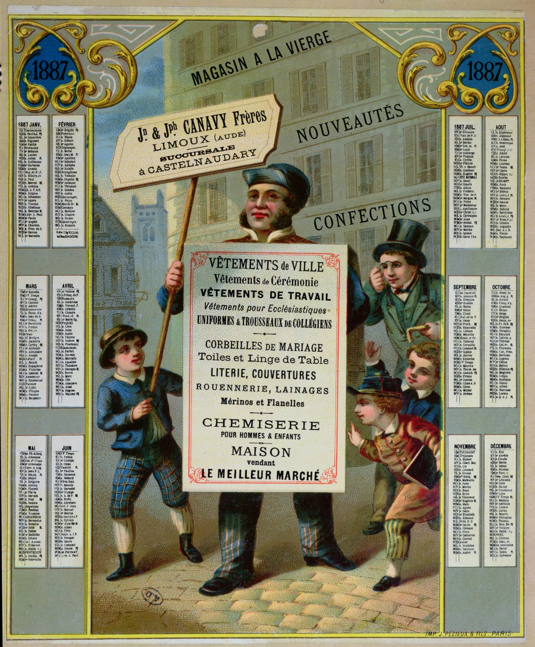 Werbekalender für 1887, Werbung für Canavy Freres Schneider und Kurzwaren, ca. 1886 von French School