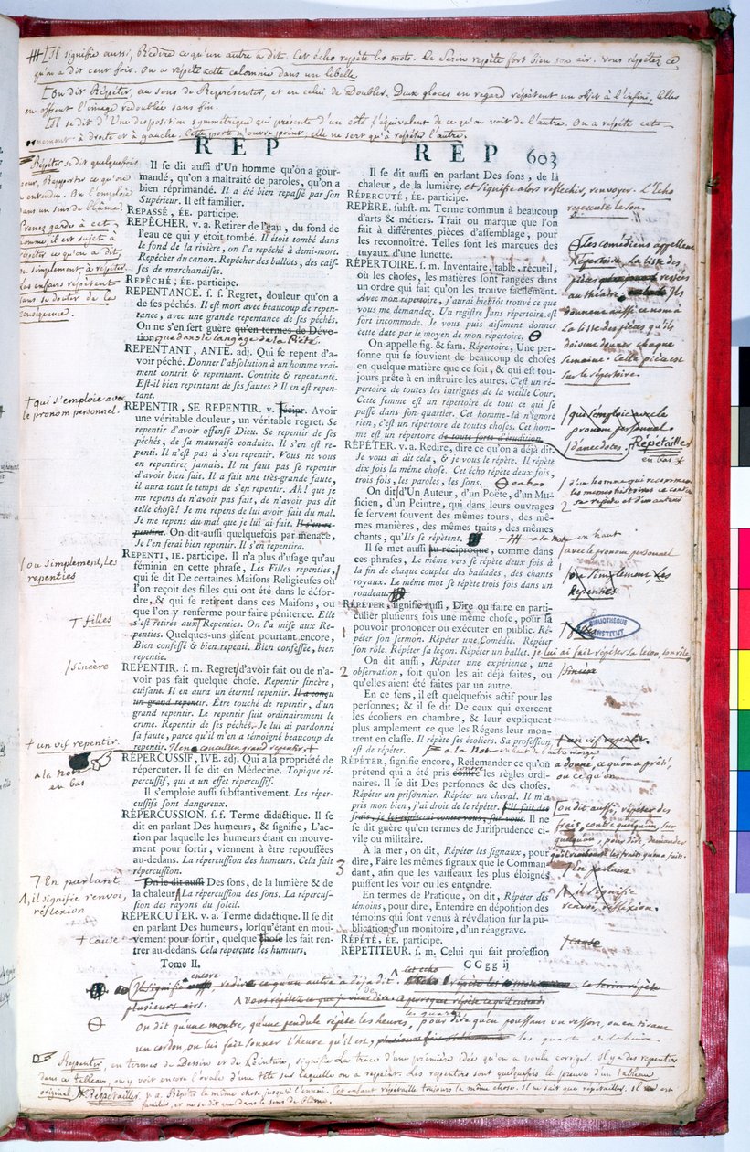 Korrekturseite einer Ausgabe des Wörterbuchs der Französischen Akademie (Tinte auf Papier) von French School