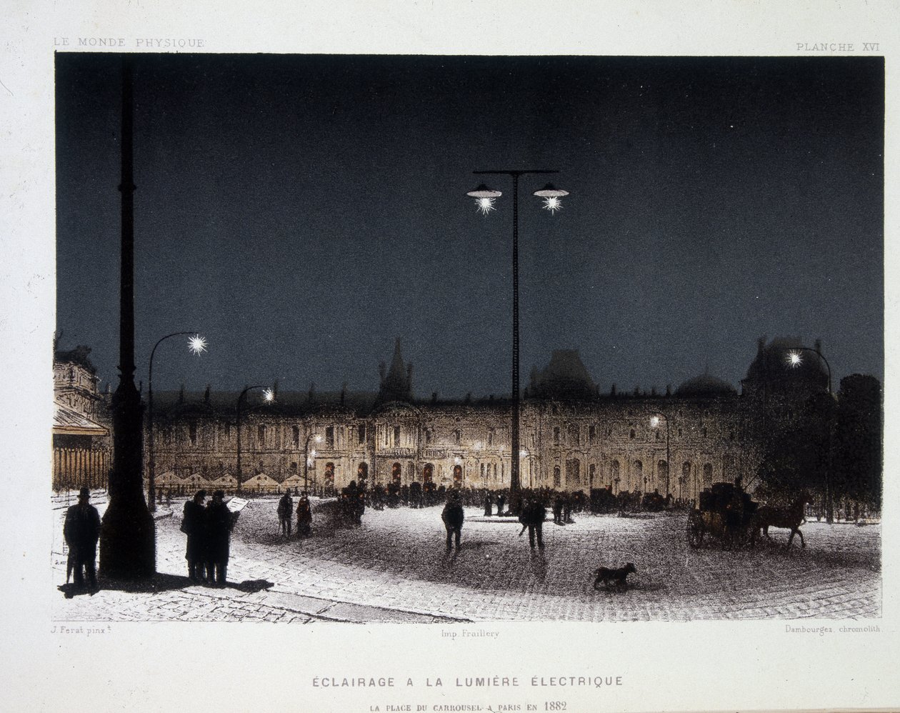 Öffentliche Beleuchtung mit elektrischem Licht auf dem Place du Carrousel in Paris 1883 - in „Magnetismus und Elektrizität“ von Amedee Guillemin von French School