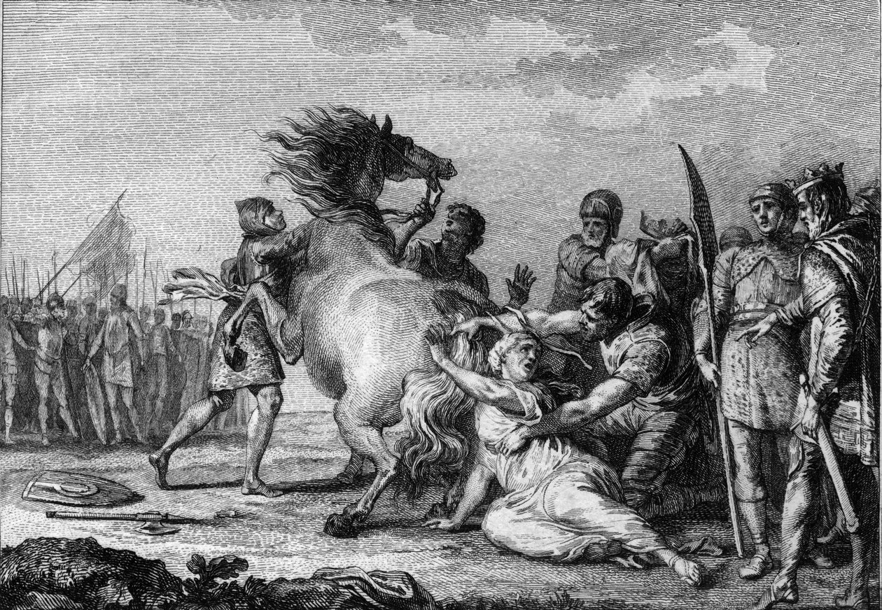 Bestrafung von Brunehaut, 613: Brunehaut oder Brunehilde (543-613), Königin von Austrasien, wird an den Schwanz eines unzähmbaren Pferdes gebunden, bevor sie zu Boden geschleift wird. Gravur des 18. Jahrhunderts. von French School