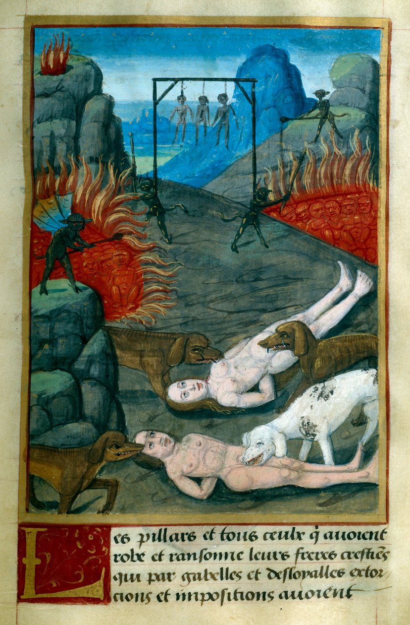 Strafe für Diebe und Plünderer in der Hölle, sie werden gehängt, verbrannt und von Hunden gefressen. Miniatur aus „Le Tresor de Sapience“ von Jean Gerson (1363-1429) 15. Jahrhundert Chantilly, Musee Conde von French School