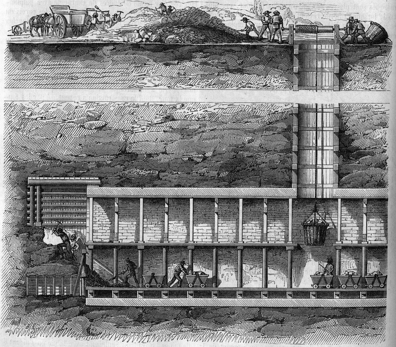 Eisenbahn: Querschnitt eines Förder- und Tunnelbrunnens, der beim Bohren eines Tunnels verwendet wird. Gravur in „Le Magasin pittoresque“. von French School