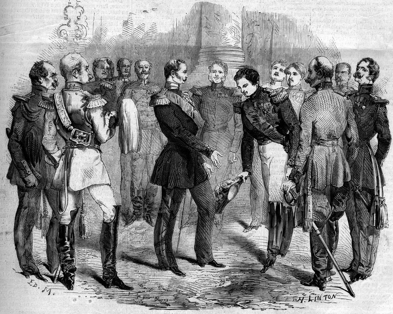 Empfang des französischen Kaisers Napoleon III. (1808-1873) durch den russischen Zaren Alexander II. (1818-1881) in Warschau (Polen) von French School
