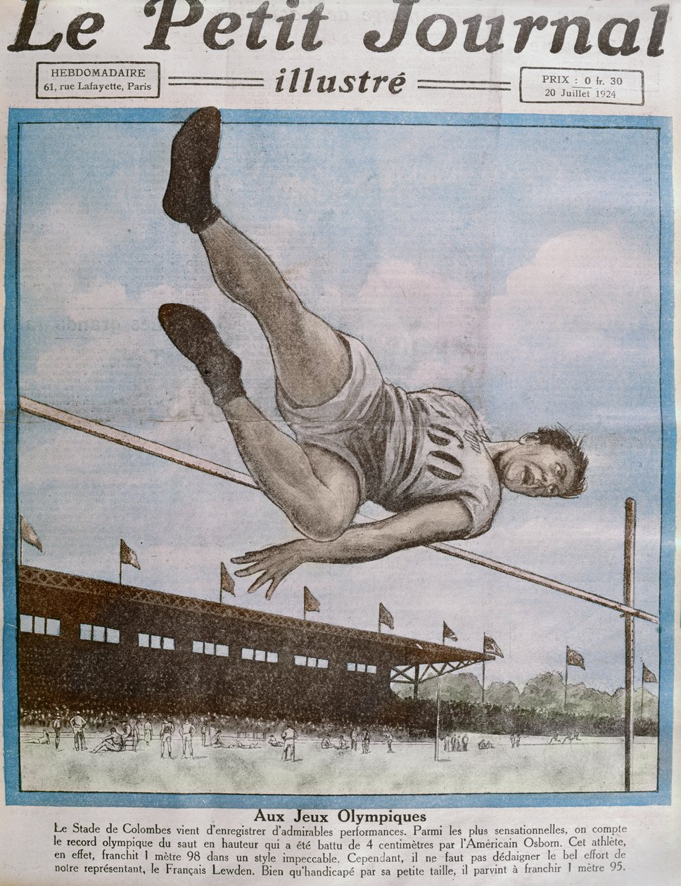 Rekordhochsprung bei den 8. Olympischen Spielen, Paris, 1924, Titelillustration aus Le Petit Journal, 20. Juli 1924 von French School