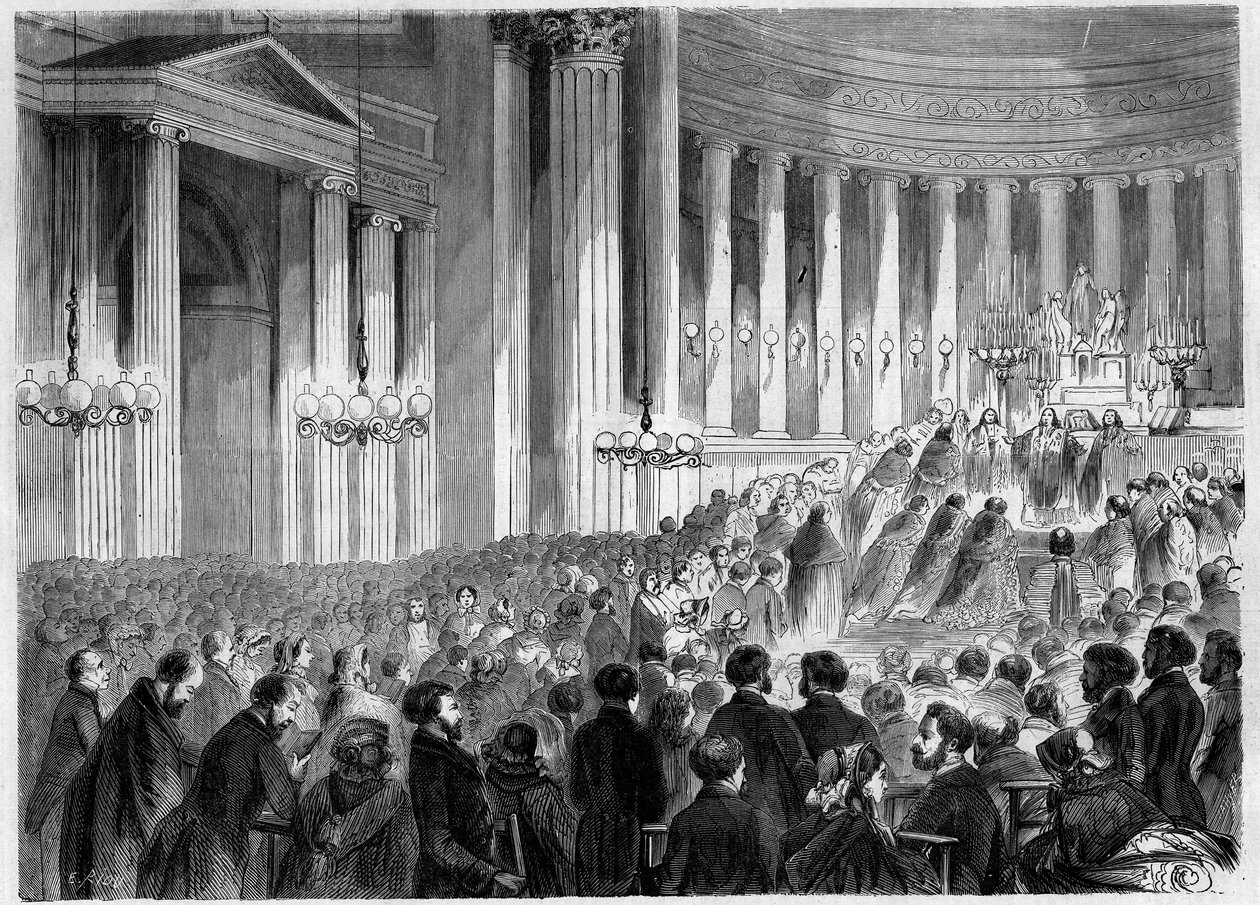 Religiöse Zeremonie, Paris, Weihnachten 1857: Feier der Mitternachtsmesse in der Kirche Madeleine. Gravur in „Le Monde Illustré“ Nr. 38 vom 2. Januar von French School