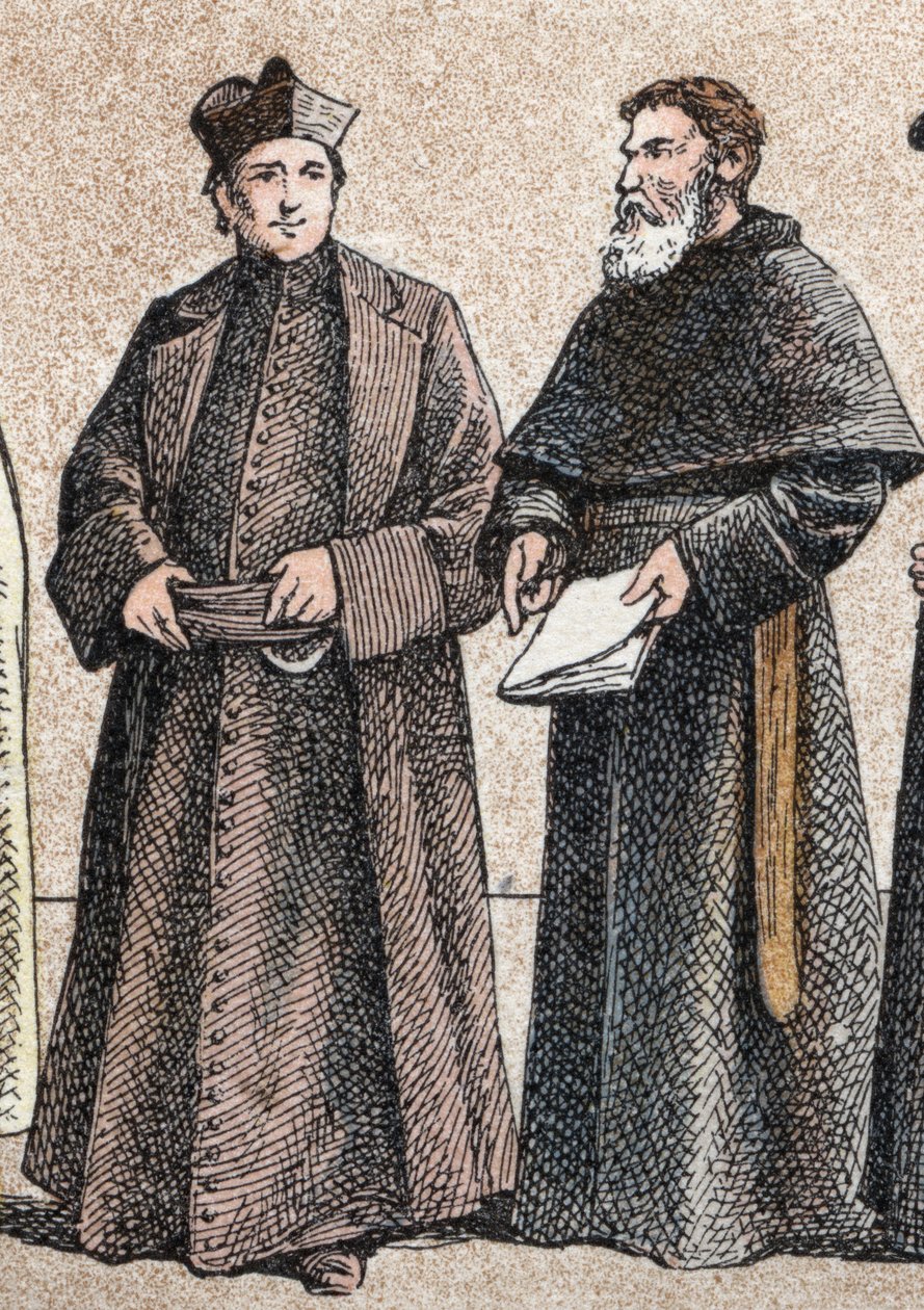 Religiöse Kostüme: Porträt eines Jesuiten und eines Assumptionistenbruders (Mitglied der Kongregation der Augustiner von der Himmelfahrt), Gravur von French School