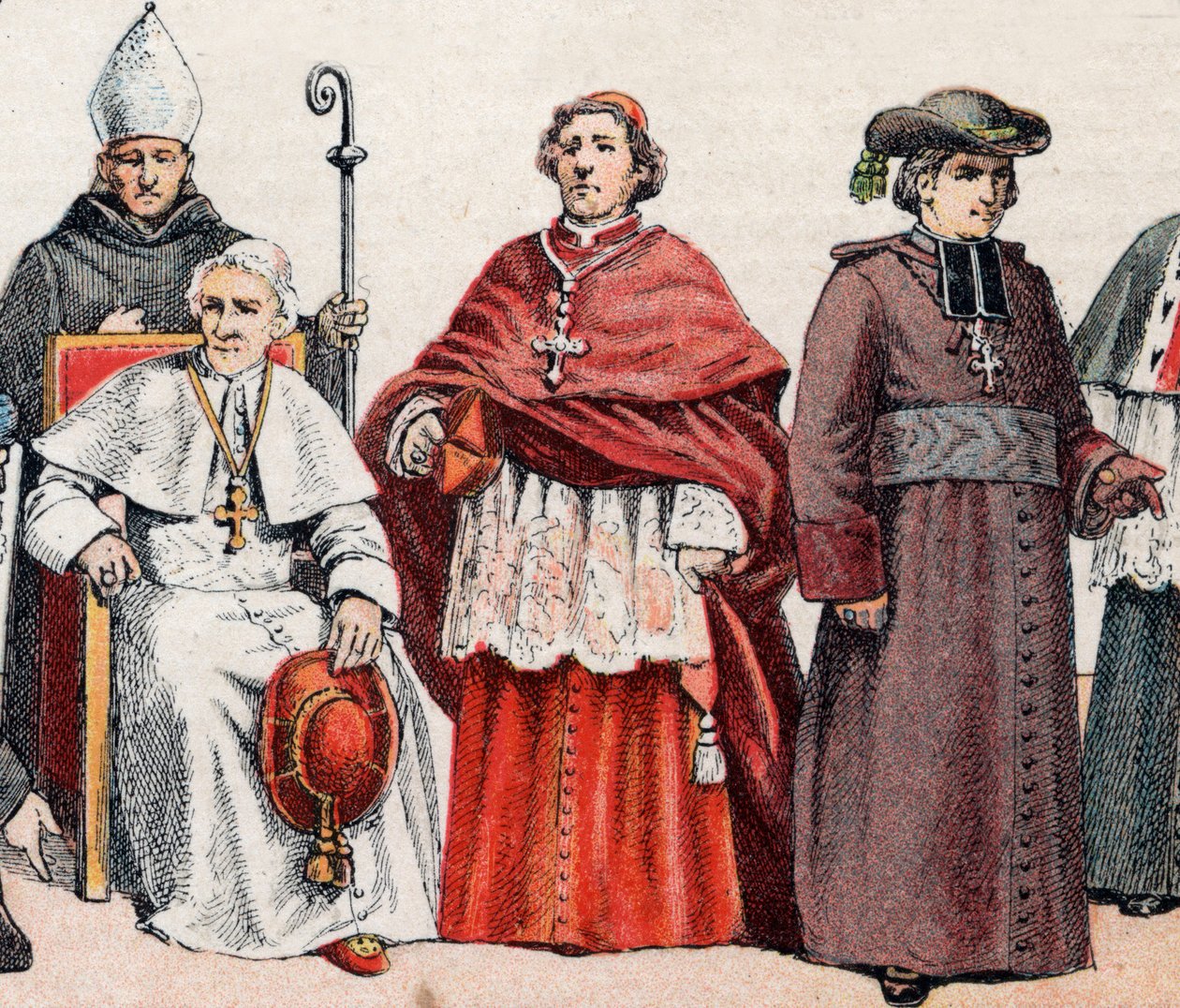 Religiöse Kostüme: Ein Bischof mit Mitra und Bischofsstab, Papst Leo XIII. sitzend, ein Kardinal in Prälatengewand von French School