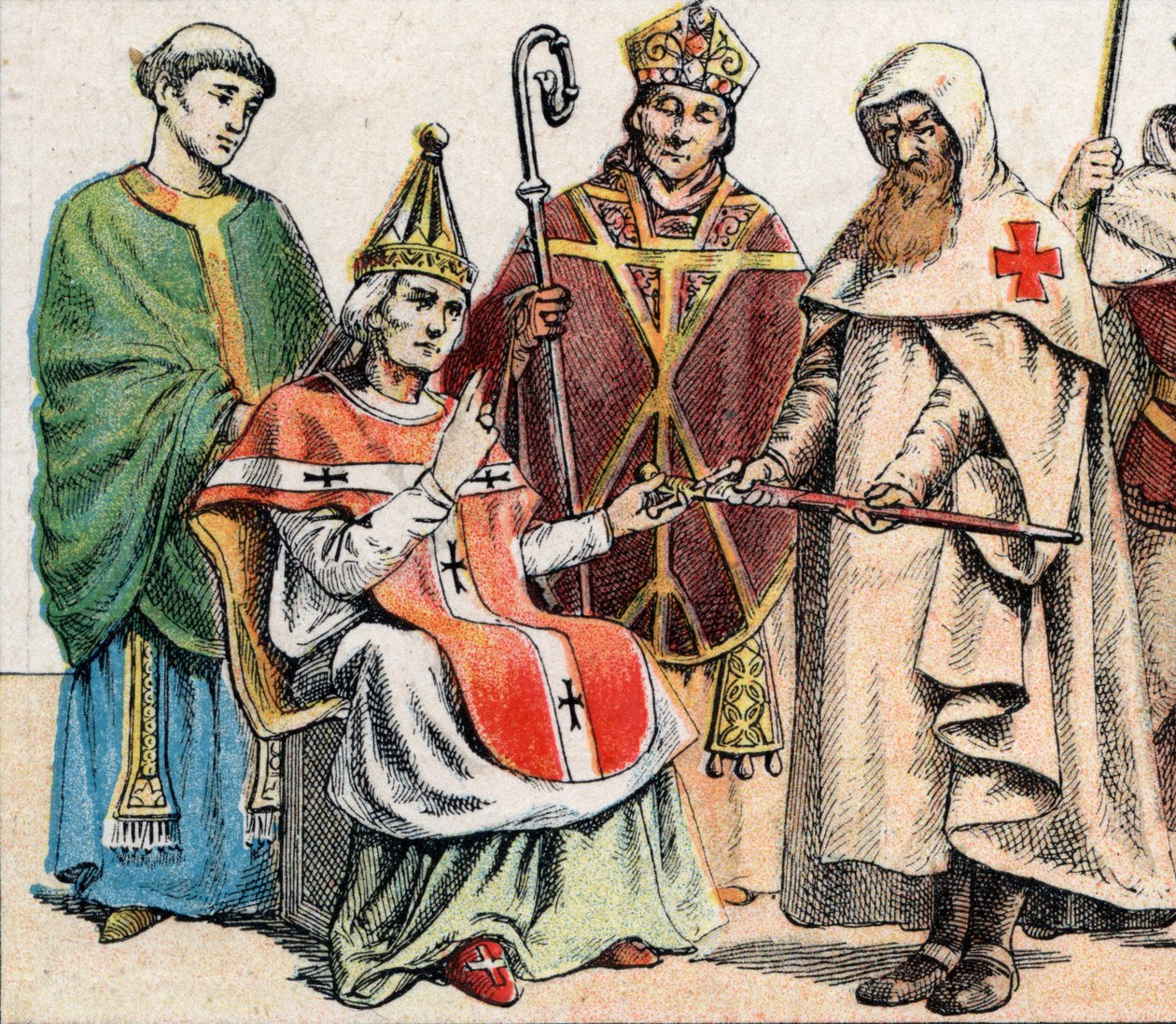 Religiöse Kostüme im Mittelalter: von links nach rechts ein Priester des 10. Jahrhunderts, ein Papst im 11. Jahrhundert, ein Bischof im 12. Jahrhundert und ein Mitglied des Ordens der Hospitaliter von French School