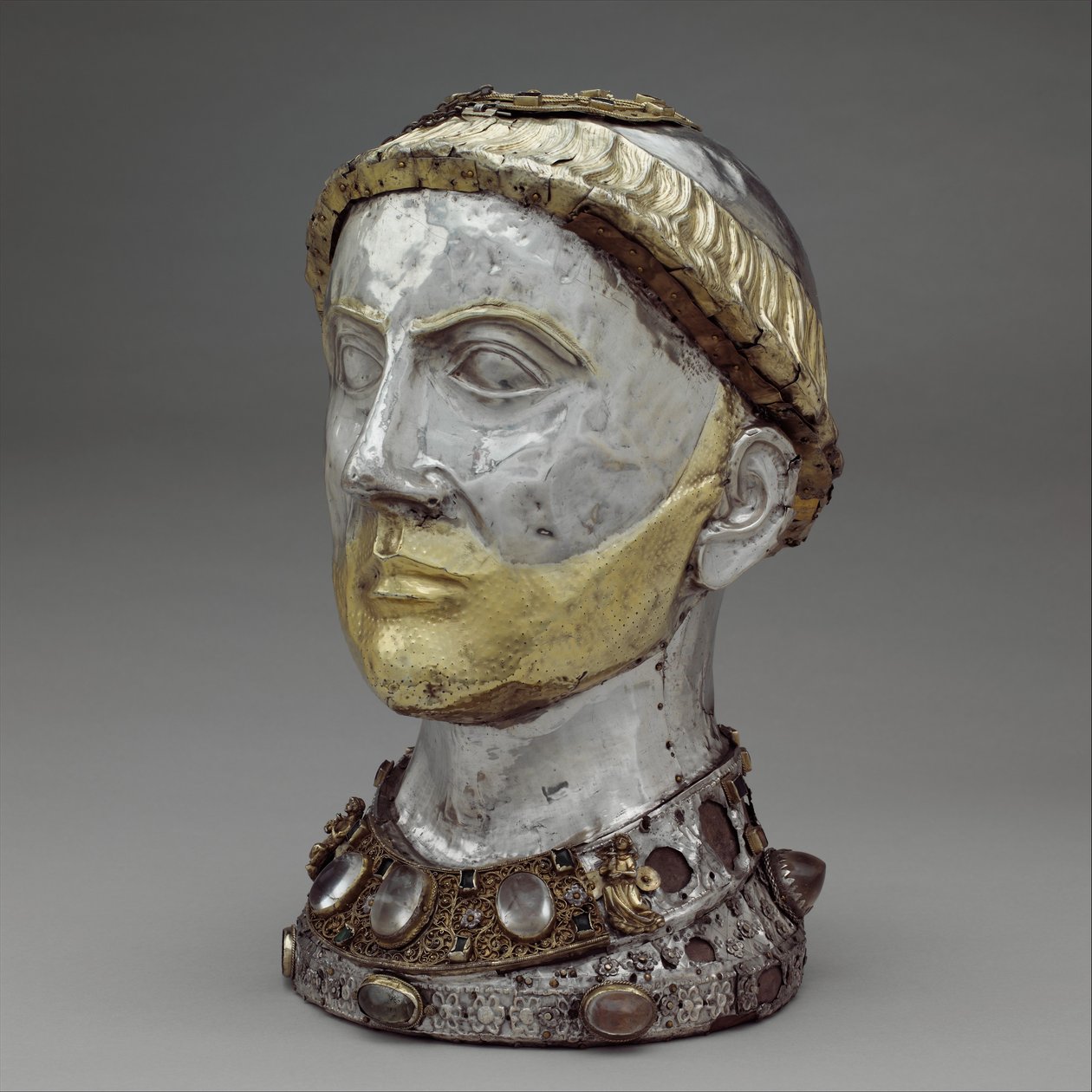 Reliquienbüste des Heiligen Yrieix, ca. 1220-40 (vergoldetes Silber mit Bergkristall, Edelsteinen und Glas) von French School