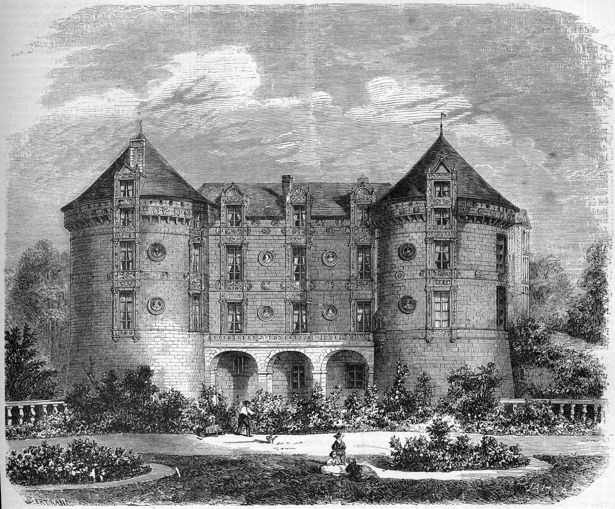 Renaissance-Architektur - die Schlösser der Loire: Blick auf die Fassade des Schlosses Le Lude im Jahr 1857. Le Lude, Sarthe (72). Gravur in „Le Monde Illustré“ Nr. 28 vom 24. Oktober. von French School