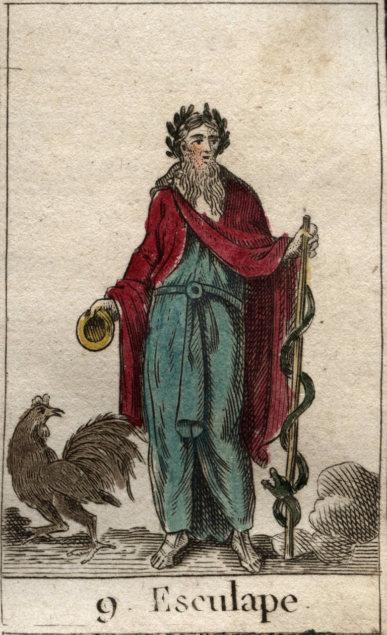 Darstellung von Asklepios, Gott der Medizin, er hält einen Stab des Asklepios (Laubabwerfend), einen Pilgerstab, um den sich eine Schlange windet, Symbol des Wissens. (Der Gott der Medizin, Asklepios, hält einen Stab des Asklepios) von French School