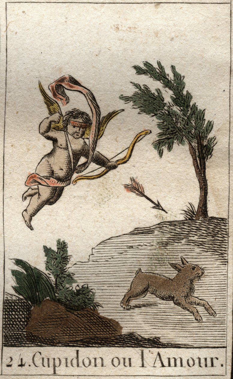 Darstellung von Amor, Diener der Venus, als Kind mit verbundenen Augen, der einen Pfeil zieht. Aus „Mythologie der Jugend“ von Pierre Blanchard 1803. von French School