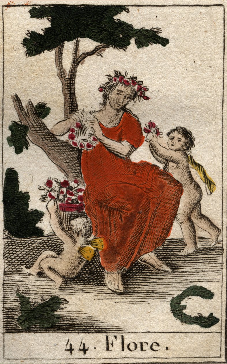 Darstellung von Flora, Göttin der Blumen und des Frühlings. Aus „Mythologie der Jugend“ von Pierre Blanchard 1803 von French School