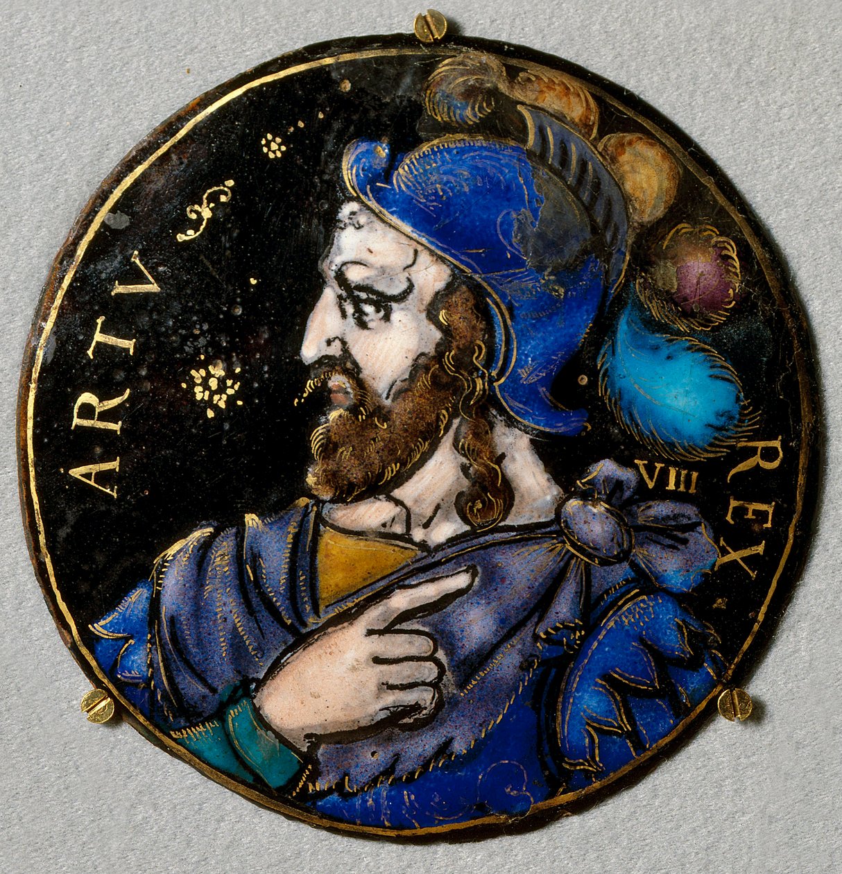 Darstellung von König Artus, legendärer König der Bretonen (6. Jahrhundert). Medaillon in Emaille aus Limoges aus dem 16. Jahrhundert. Ecouen, Nationales Renaissancemuseum von French School
