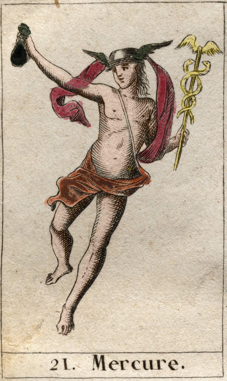 Darstellung von Merkur, Gott des Handels, der Reisen und Bote der anderen Götter. Er hält einen Hermesstab und trägt einen Petasos. Aus „Mythologie der Jugend“ von Pierre Blanchard 1803. von French School