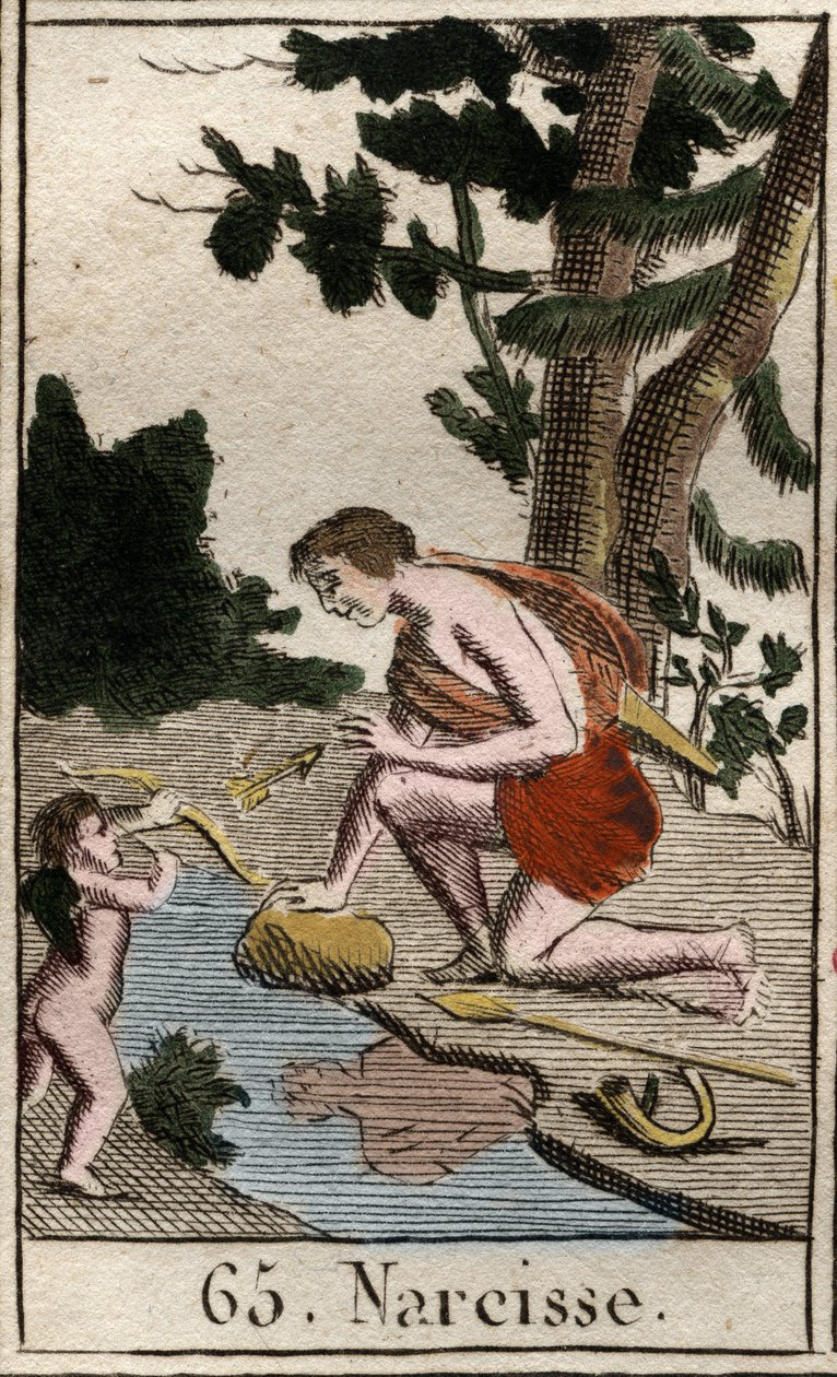 Darstellung von Narziss, einem jungen Mann, der sich in sein eigenes Spiegelbild verliebt. Aus „Mythologie der Jugend“ von Pierre Blanchard 1803 von French School