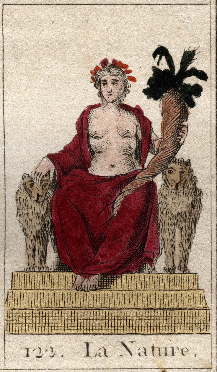 Darstellung der Natur als Frau auf einem Thron mit einem Füllhorn und vielen Brüsten, um alle Wesen zu ernähren. Aus „Mythologie der Jugend“ von Pierre Blanchard 1803 von French School