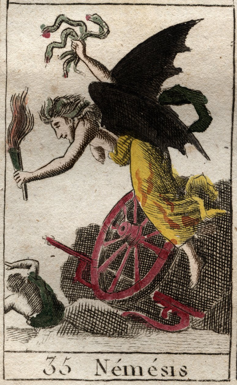 Darstellung von Nemesis, Göttin der Rache, dargestellt als geflügelte Frau, die eine Fackel und Schlangen hält. Aus „Mythologie der Jugend“ von Pierre Blanchard 1803 von French School