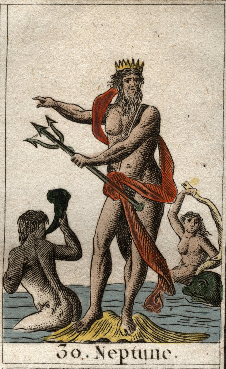 Darstellung von Neptun, Gott der Meere, er hält einen Dreizack. Aus „Mythologie der Jugend“ von Pierre Blanchard 1803. von French School