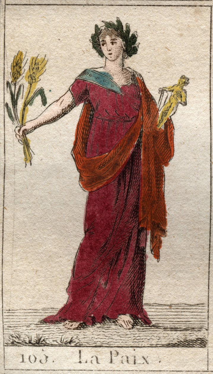 Darstellung des Friedens als Frau, die mit Lorbeeren gekrönt ist und eine Garbe hält. Aus „Mythologie der Jugend“ von Pierre Blanchard 1803 von French School