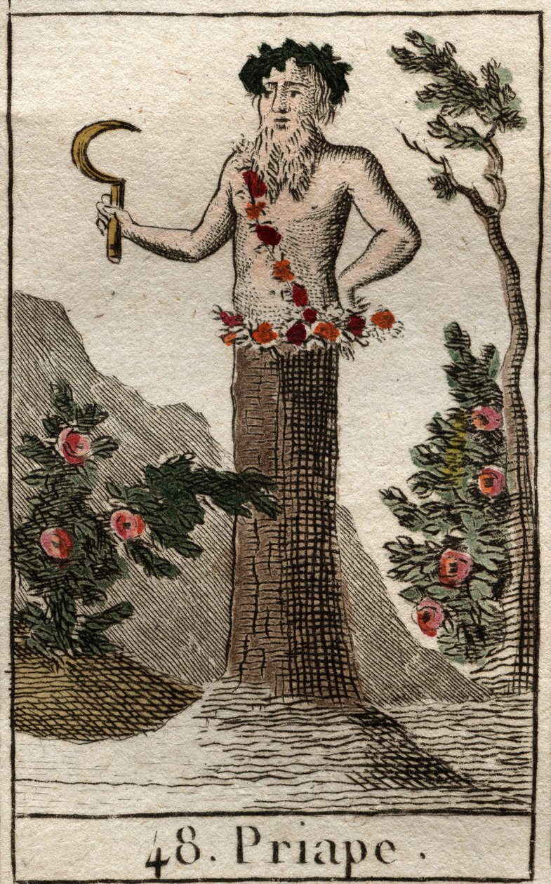 Darstellung von Priapus, Gott der Fruchtbarkeit, oft dargestellt mit einem permanent erigierten Penis, er hält eine Sichel. Aus „Mythologie der Jugend“ von Pierre Blanchard 1803. von French School