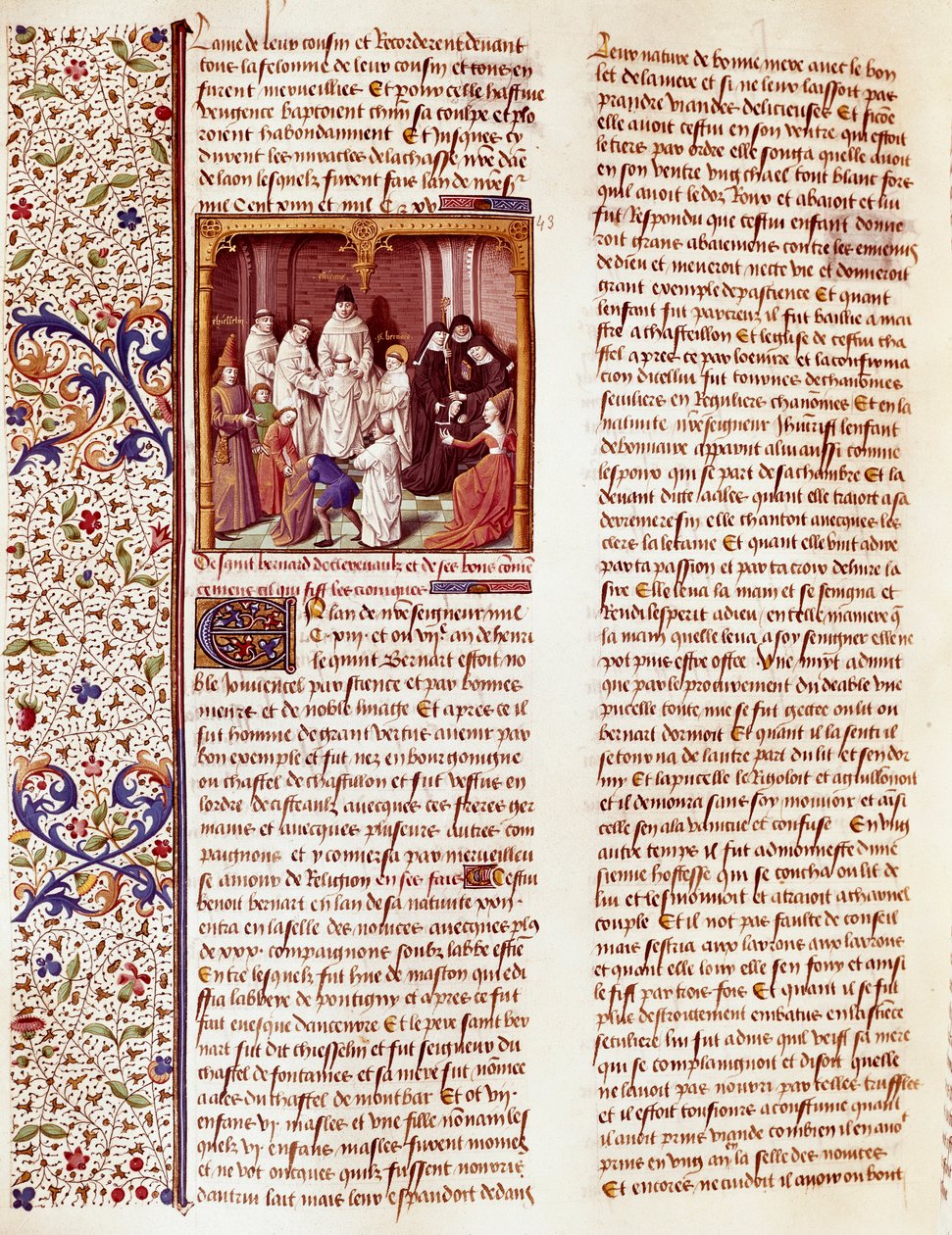 Darstellung von Saint Bernard von Clairvaux (San Bernardo di Chiaravalle) (1090-1153) als Kind. Er ist in der Mitte des Bildes, ein Heiligenschein über seinem Kopf. Miniatur in „Le miroir historial“ (Speculum Historiale) (ms. 1196, fol. 372) von Vincent de von French School