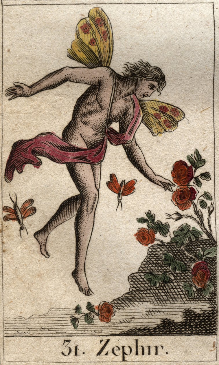 Darstellung von Zephyr, Personifikation des Westwinds. Aus „Mythologie der Jugend“ von Pierre Blanchard 1803. von French School