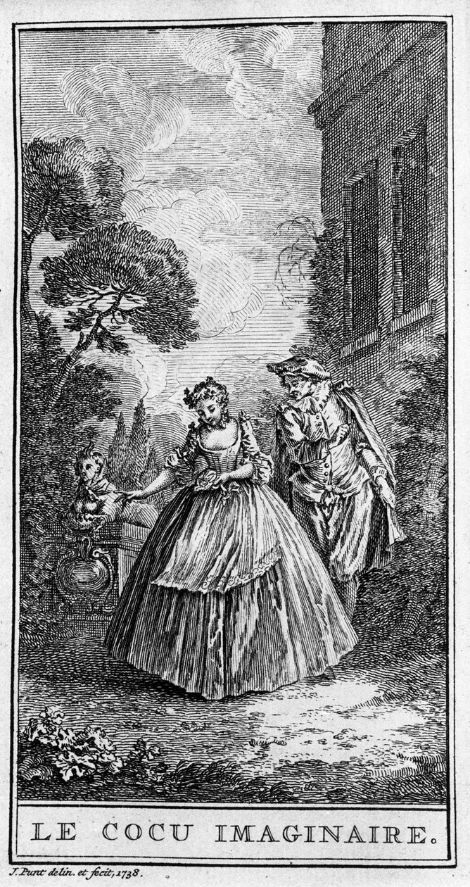 Darstellung einer Szene aus dem Stück „Sganarelle ou le cuckold imaginaire“ (1660) von Jean Baptiste Poquelin genannt Moliere (1622-1673). Gravur von 1738. von French School
