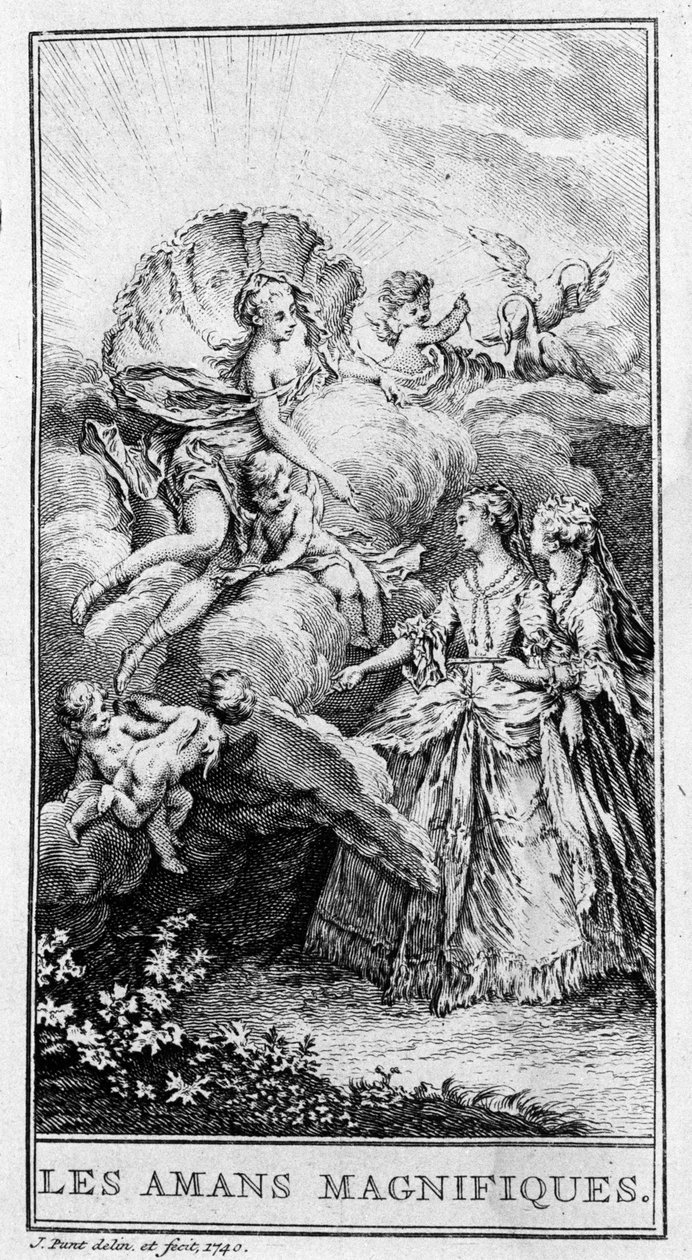 Darstellung einer Szene aus dem Stück "Les amants magnifiques" (1670) von Jean Baptiste Poquelin dit Moliere (1622-1673). Gravur von 1740. von French School