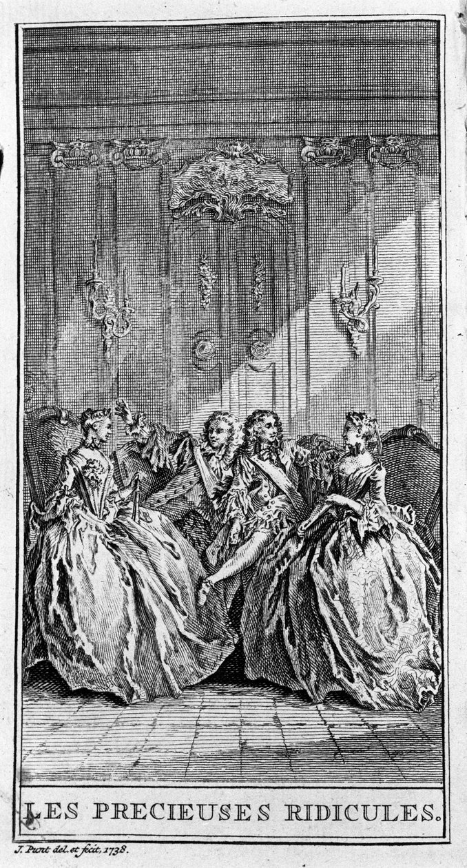 Darstellung einer Szene aus dem Stück "Les précieuses ridicules" (1659) von Jean Baptiste Poquelin dit Moliere (1622-1673). Gravur von 1738. von French School