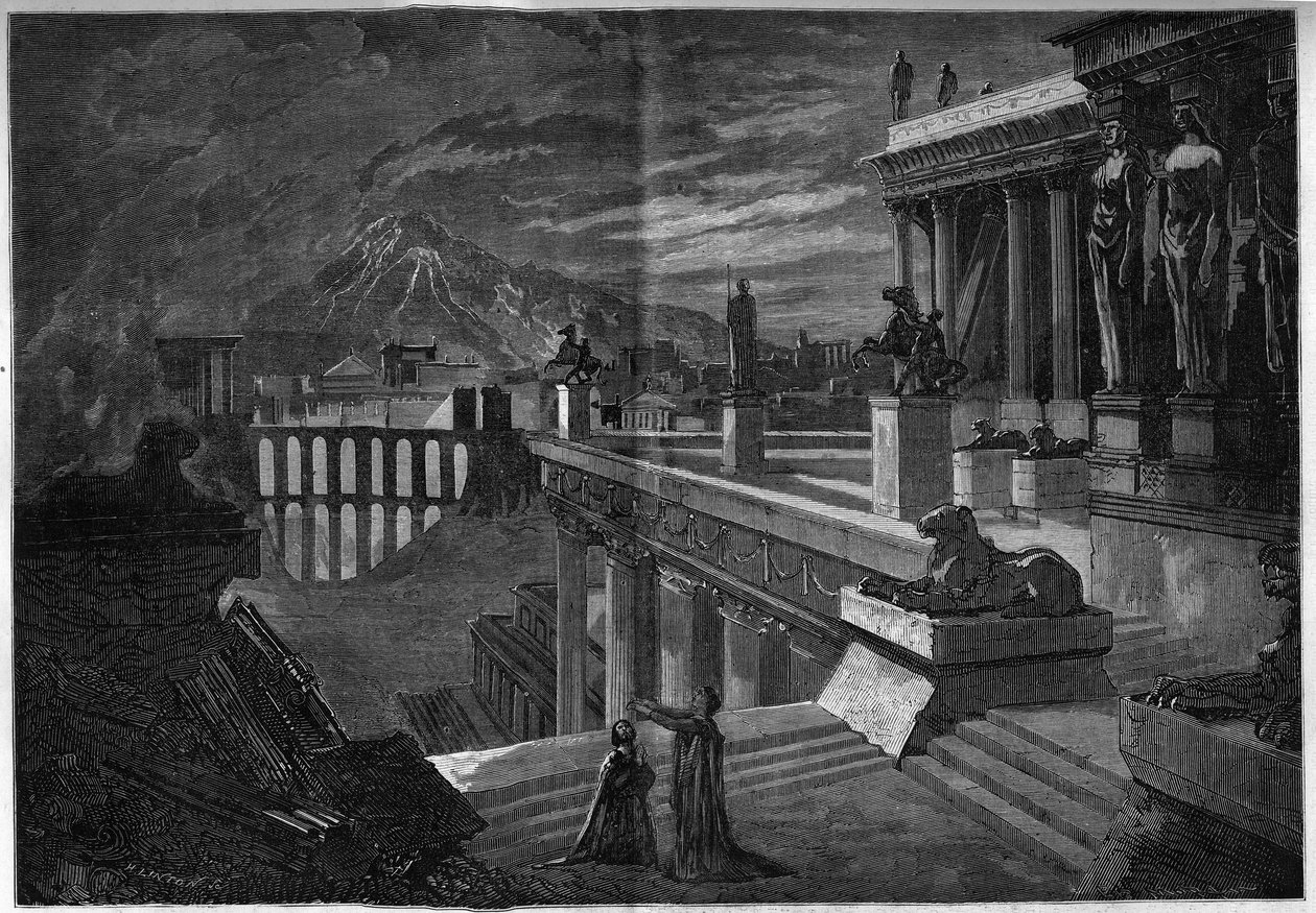 Darstellung einer Oper: „Herculanum“ auf einem Libretto von Joseph Méry (1798-1866) und T. Hadot und Musik von Félicien David (1808-1876). Die Stadt Herculanum zur Zeit ihrer Zerstörung während des Ausbruchs des Vesuvs (letzte Szene des 5. Akts). von French School