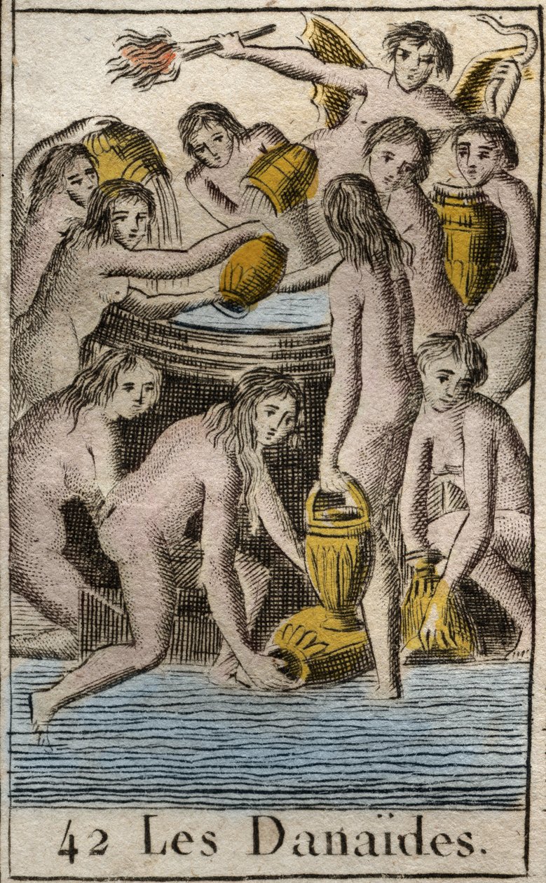 Darstellung der Danaiden, Töchter des Königs Danaos, die zur Unterwelt verurteilt wurden, um endlos ein bodenloses Fass zu füllen, weil sie ihre Cousins und Ehemänner getötet haben. Aus „Mythologie der Jugend“ von Pierre Blanchard 1803. von French School
